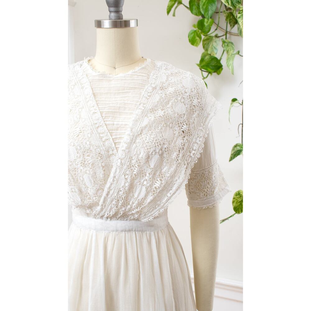 Antique Edwardian 1910s White Cotton Lace Dress Tea Lawn Vintage Wedding Gown - Picture 6 of 8